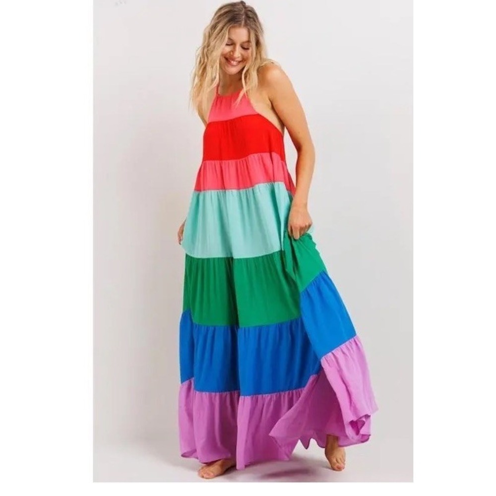 Better Be Women Color Block Maxi Dress Sleeveless Blue/Purple/Red Rainbow S/M